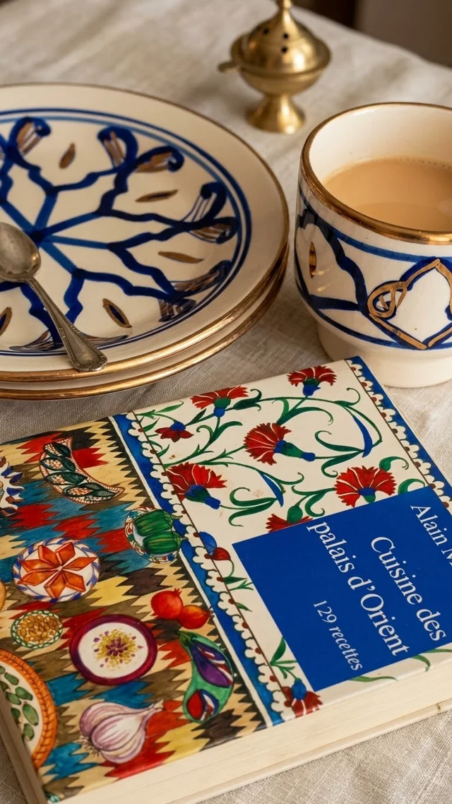 Céramiques bleues et dorées, tasse et livre de cuisine d’Orient